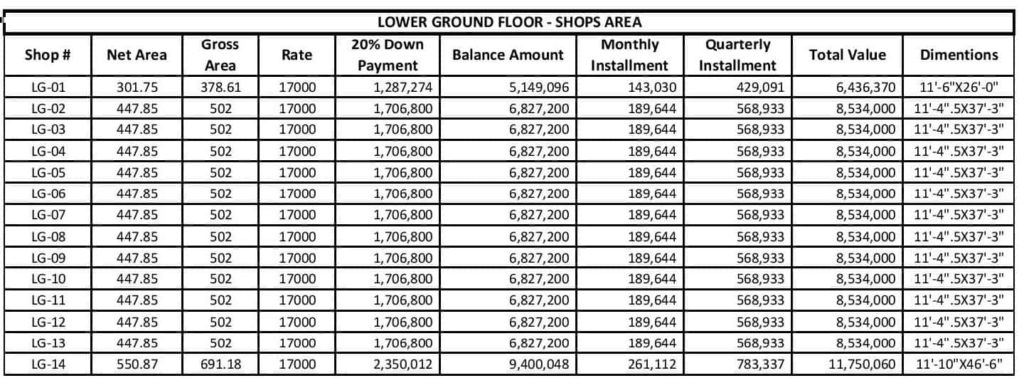 Liberty Tower Lower Ground Shops Floor Payment Plan