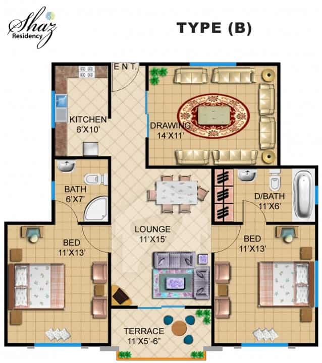 Shaz Residency 2 Bed Type B Plan