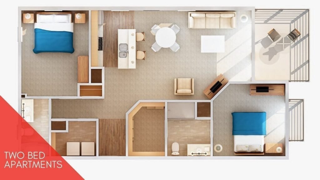 2 bed apartment Shanghai Heights 3d Plan-min