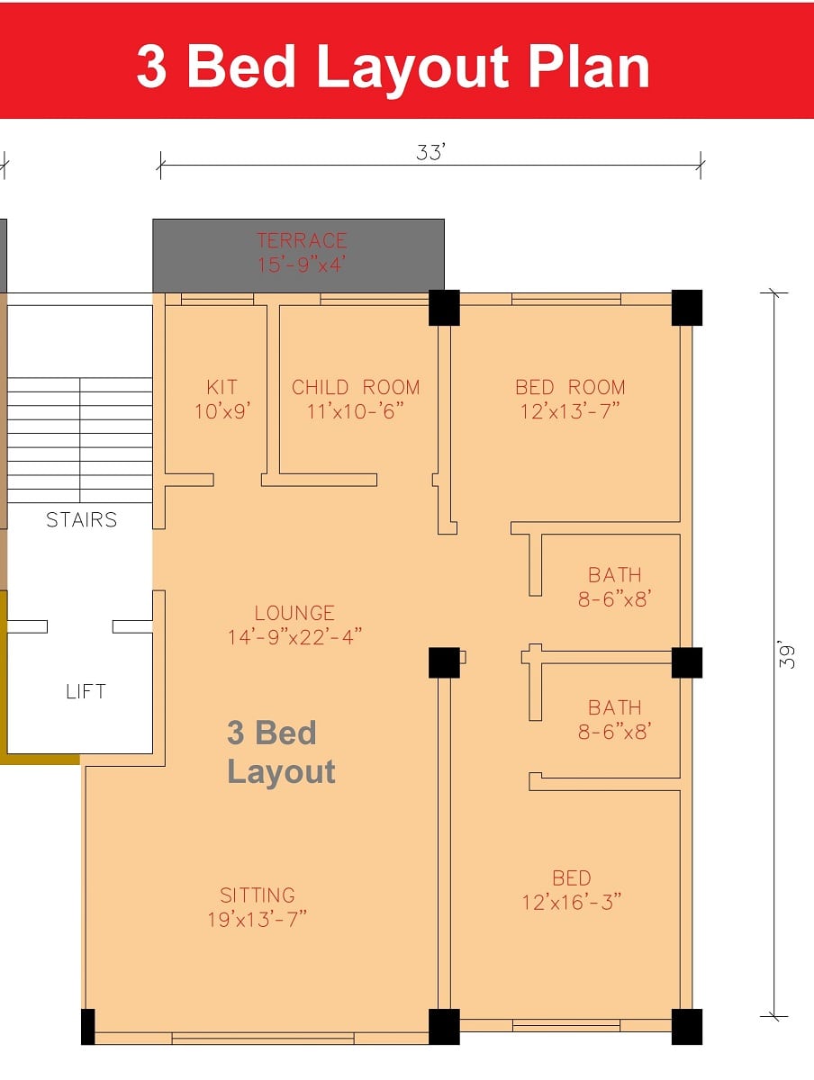 3 bed layout plan apartment Shanghai Heights-min